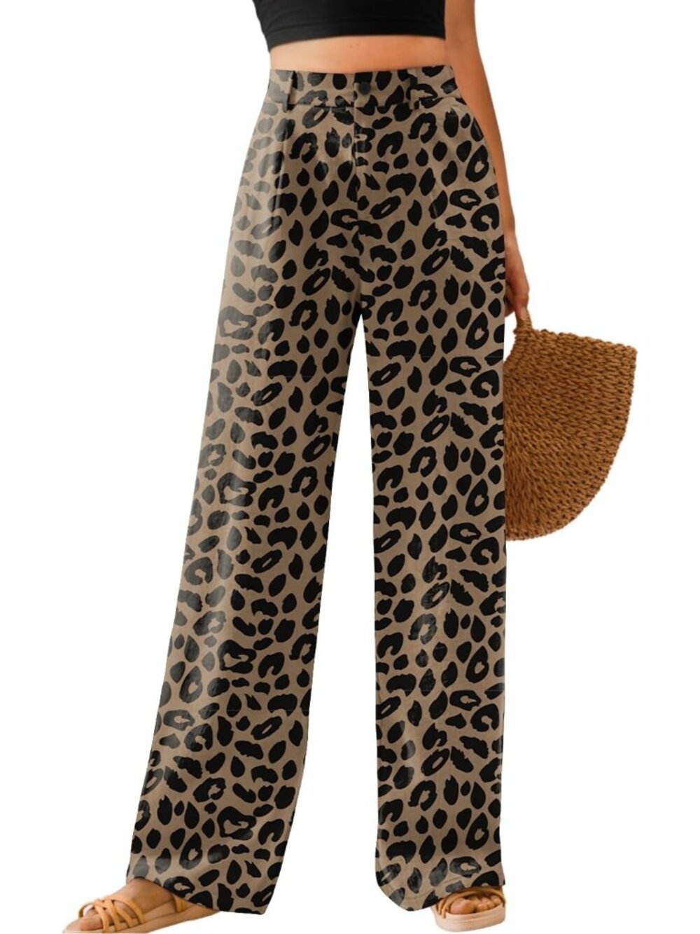 Women's Leopard-khaki High Waisted Button Down Straight Casual Wide Leg Pants
